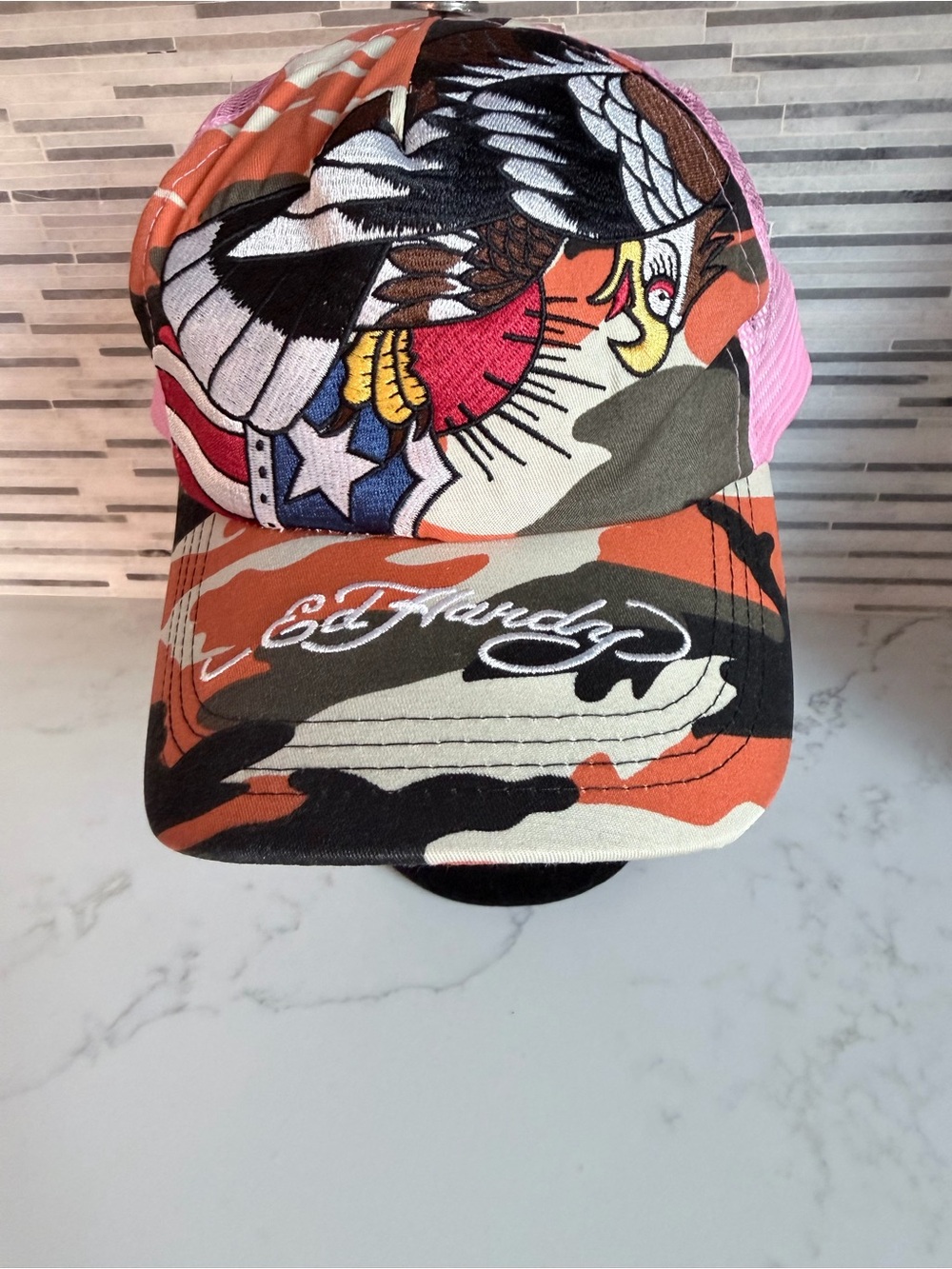 Vintage adjustable Ed Hardy Orange Camo Eagle Trucker Hat